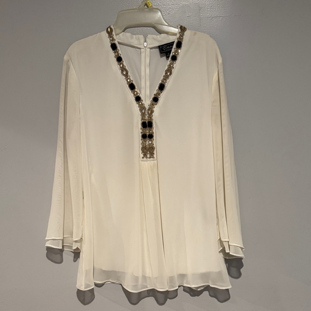 Dress Barn Cream Blouse with Beaded Neckline